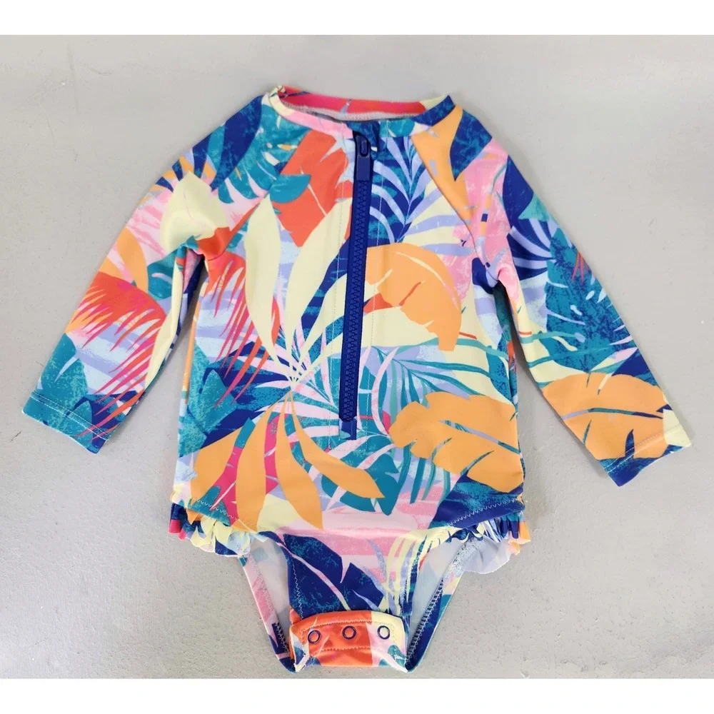 Old Navy Rash Guard Baby Girls 3-6M Tropical Print Bathing Suit Ruffle 1/4 Zip